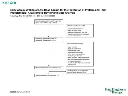 Early Administration of Low-Dose Aspirin for the Prevention of Preterm and Term Preeclampsia: A Systematic Review and Meta-Analysis Fetal Diagn Ther 2012;31:141–146.