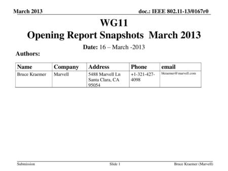 WG11 Opening Report Snapshots March 2013