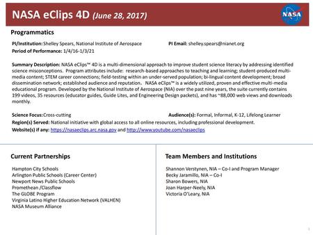 NASA eClips 4D (June 28, 2017) Programmatics