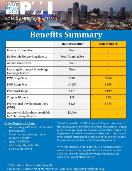 Benefits Summary Chapter Member Non-Member Member Orientation Free -