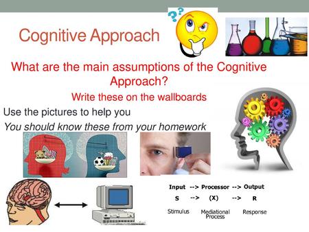 Cognitive Approach What are the main assumptions of the Cognitive Approach? Write these on the wallboards Use the pictures to help you You should know.