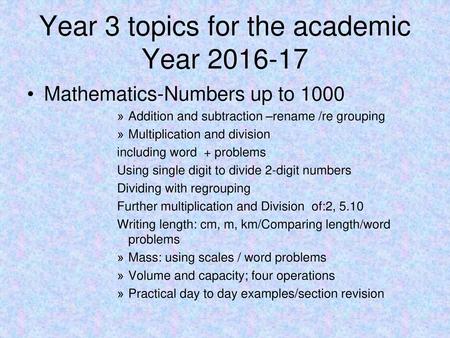 Year 3 topics for the academic Year