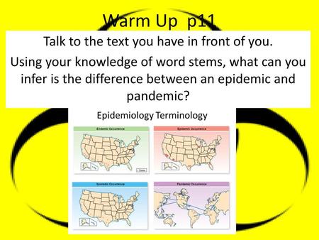 Warm Up p11 Talk to the text you have in front of you. Using your knowledge of word stems, what can you infer is the difference between an epidemic and.