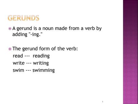 Gerunds A gerund is a noun made from a verb by adding -ing.