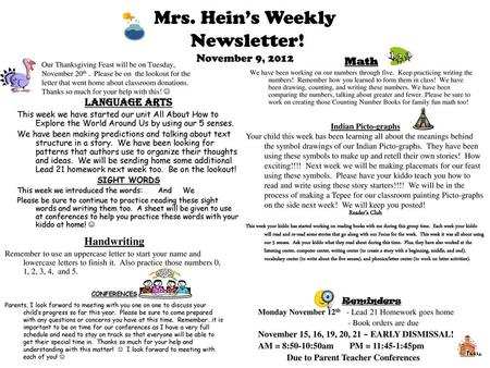 Mrs. Hein’s Weekly Newsletter! November 9, 2012