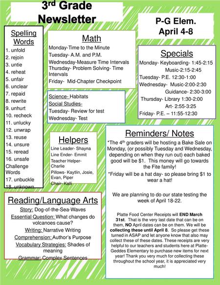 3rd Grade Newsletter P-G Elem. April 4-8 Math Specials Helpers