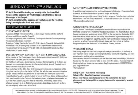 SUNDAY 2nd & 9th April 2017 Monthly Gathering over Easter