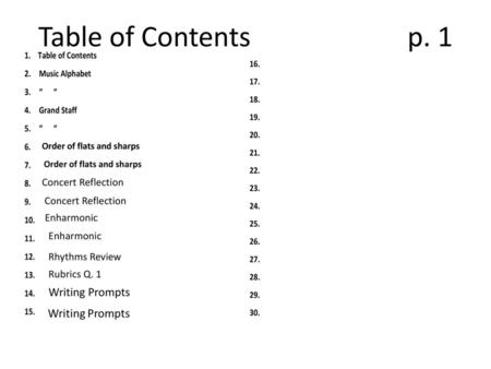Table of Contents p. 1 Writing Prompts Concert Reflection