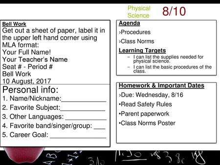 Physical  Science 8/10 Bell Work