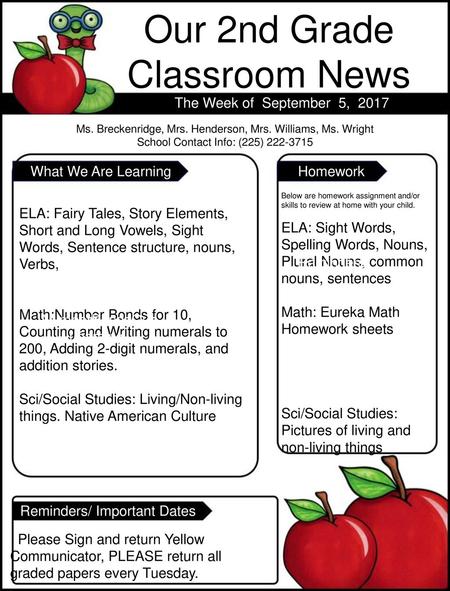 Our 2nd Grade Classroom News The Week of September 5, 2017