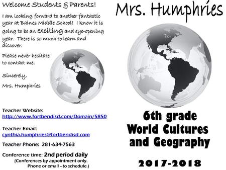 Mrs. Humphries 6th grade World Cultures and Geography