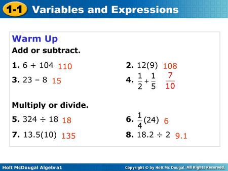 Warm Up Add or subtract (9) – 8 4.