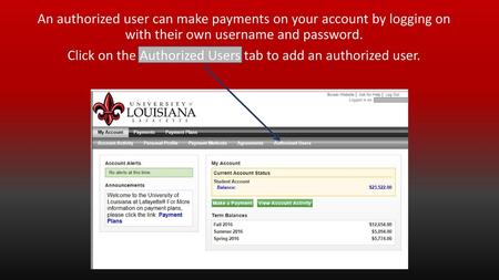 An authorized user can make payments on your account by logging on with their own username and password. Click on the Authorized Users tab to add an authorized.