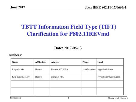 TBTT Information Field Type (TIFT) Clarification for P802.11REVmd
