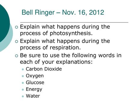 Bell Ringer – Nov. 16, 2012 Explain what happens during the process of photosynthesis. Explain what happens during the process of respiration. Be sure.