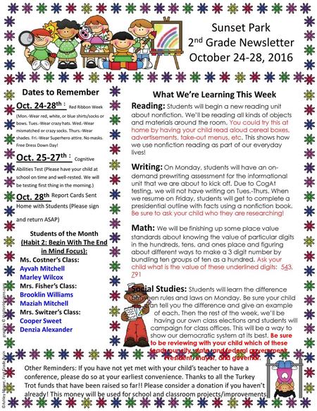 Sunset Park 2nd Grade Newsletter October 24-28, 2016