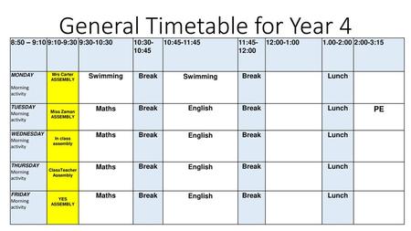 General Timetable for Year 4