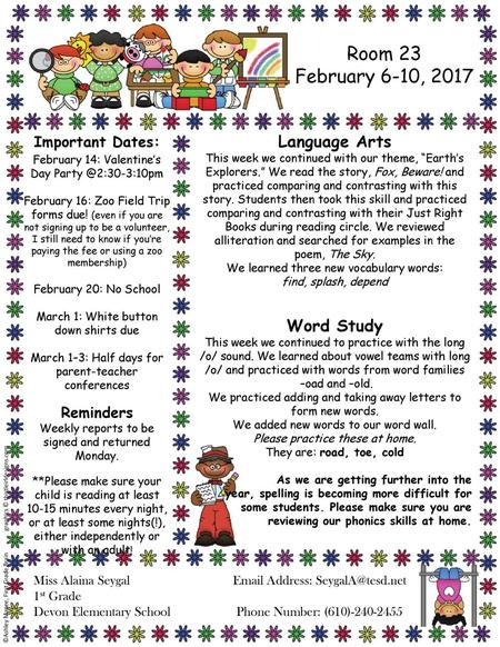 Room 23 February 6-10, 2017 Language Arts Word Study Important Dates:
