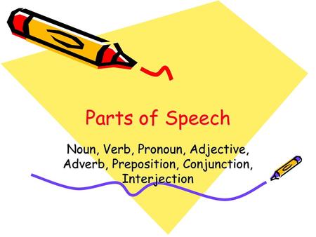 Parts of Speech Noun, Verb, Pronoun, Adjective, Adverb, Preposition, Conjunction, Interjection 1.