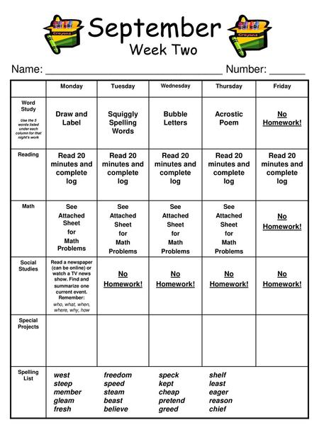 September Week Two Name: ______________________________ Number: ______