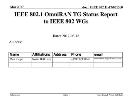 IEEE OmniRAN TG Status Report to IEEE 802 WGs