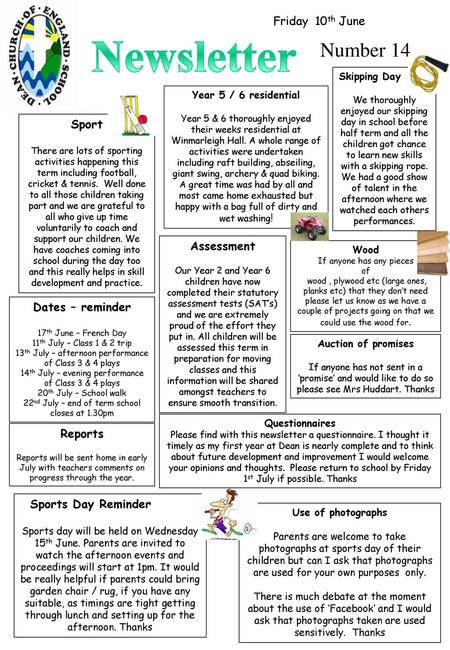 Newsletter Number 14 Friday 10th June Sport Assessment