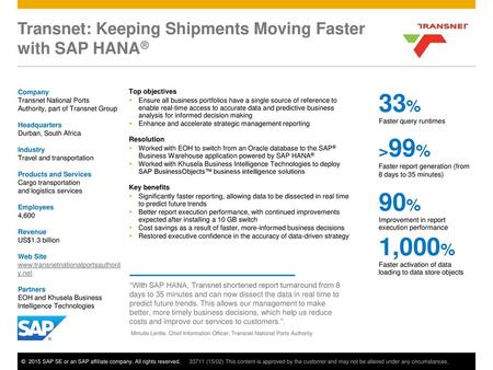 Transnet: Keeping Shipments Moving Faster with SAP HANA®