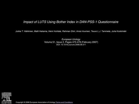 Impact of LUTS Using Bother Index in DAN-PSS-1 Questionnaire