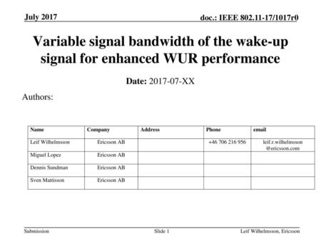 2018-05-162018-05-16 doc.: ? July 2017 Variable signal bandwidth of the wake-up signal for enhanced WUR performance Date: 2017-07-XX Authors: Leif Wilhelmsson,