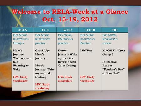 Welcome to RELA-Week at a Glance Oct , 2012