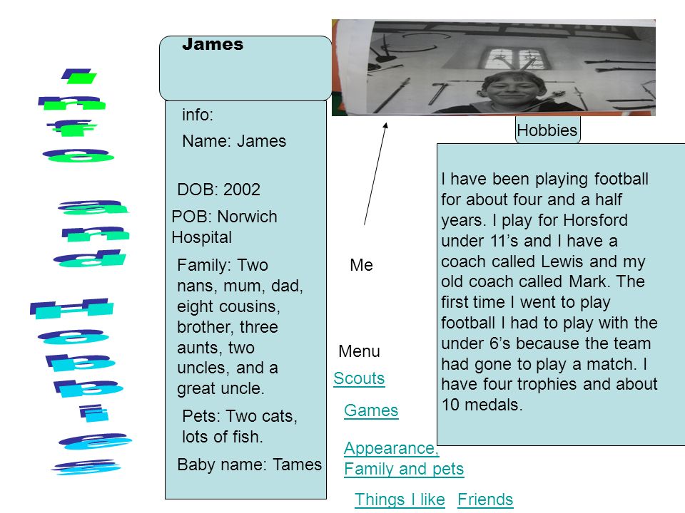 James info: DOB: 2002 Name: James POB: Norwich Hospital Family: Two nans,  mum, dad, eight cousins, brother, three aunts, two uncles, and a great uncle.  - ppt download