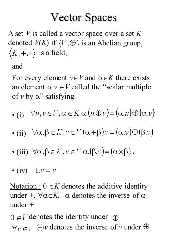Vector Spaces A Set V Is Called A Vector Space Over A Set K Denoted V K If Is An Abelian Group Is A Field And For Every Element V V And K There