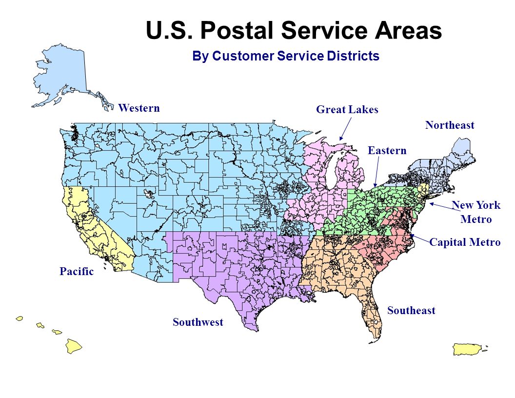 Usps Area And District Map U.s. Postal Service Areas By Customer Service Districts Western Great Lakes  Northeast New York Metro Capital Metro Eastern Southeast Southwest Pacific.  - Ppt Download