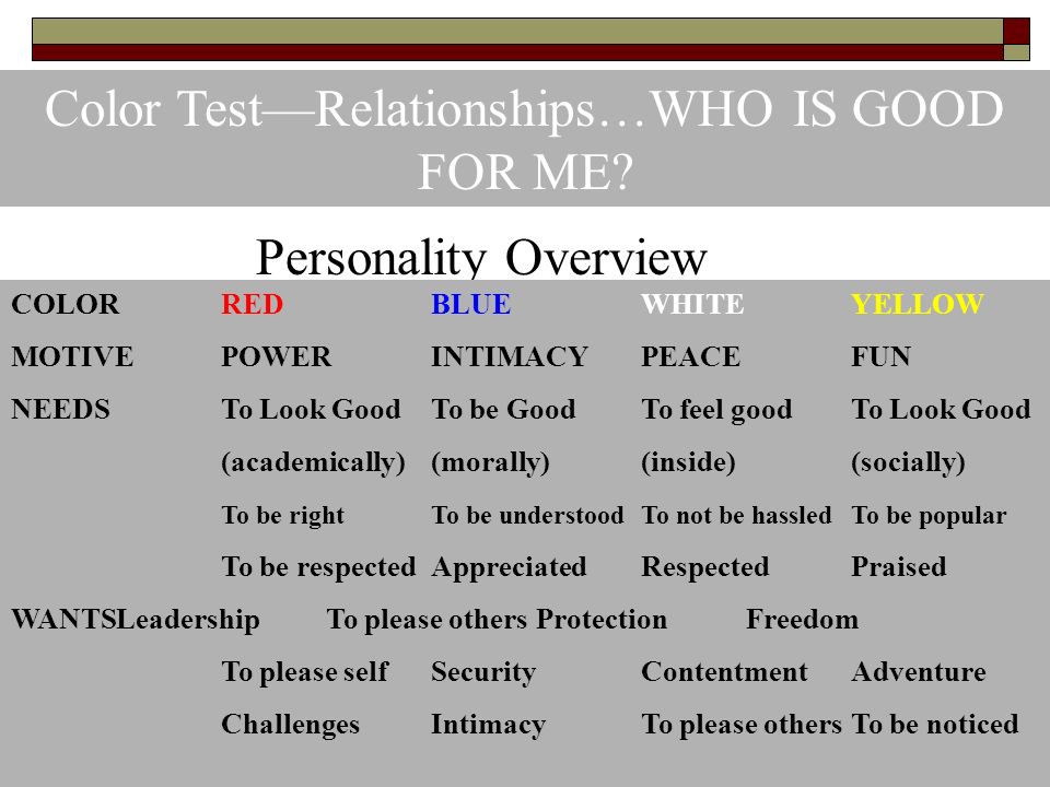 Color Test Relationships Who Is Good For Me Personality Overview Colorredbluewhiteyellow Motivepowerintimacypeacefun Needsto Look Goodto Be Goodto Feel Ppt Download