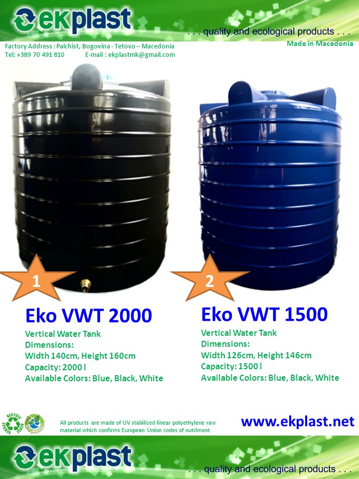 Eko VWT 2000 Vertical Water Tank Dimensions: Width 140cm, Height 160cm  Capacity: 2000 l Available Colors: Blue, Black, White Eko VWT 1500 Vertical  Water. - ppt download
