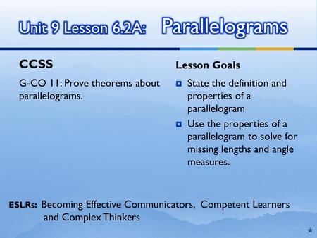 Unit 9 Lesson 6.2A: Parallelograms