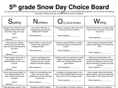 5th grade Snow Day Choice Board