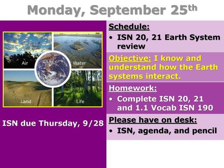 Monday, September 25th Schedule: ISN 20, 21 Earth System review