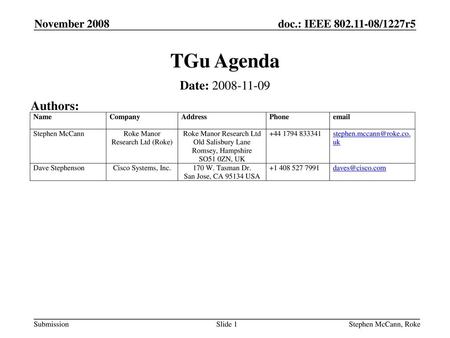 TGu Agenda Date: Authors: November 2008 November 2008