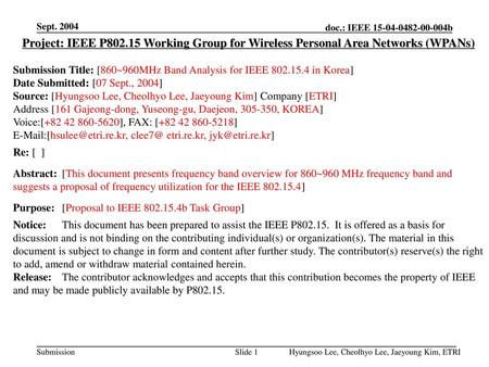 Sept. 2004 Project: IEEE P802.15 Working Group for Wireless Personal Area Networks (WPANs) Submission Title: [860~960MHz Band Analysis for IEEE 802.15.4.