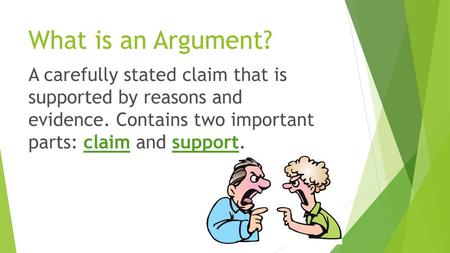 What is an Argument? A carefully stated claim that is supported by reasons and evidence. Contains two important parts: claim and support.