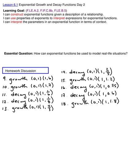 Lesson 6.1 Exponential Growth and Decay Functions Day 2