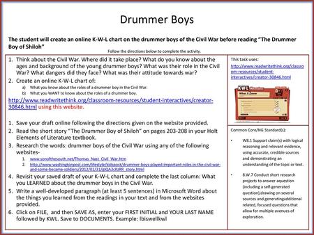 Drummer Boys The student will create an online K-W-L chart on the drummer boys of the Civil War before reading “The Drummer Boy of Shiloh” Follow the directions.