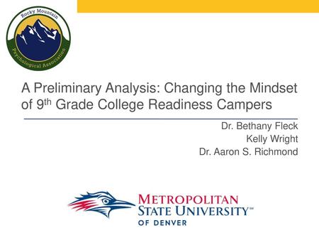 A Preliminary Analysis: Changing the Mindset of 9th Grade College Readiness Campers Dr. Bethany Fleck Kelly Wright Dr. Aaron S. Richmond.