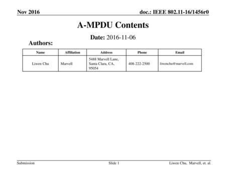 A-MPDU Contents Date: Authors: Nov 2016 Liwen Chu Marvell