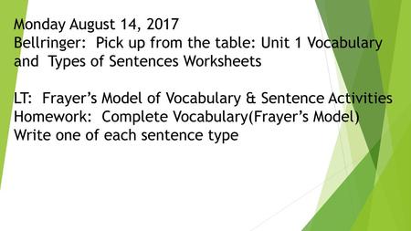Monday August 14, 2017 Bellringer: Pick up from the table: Unit 1 Vocabulary and Types of Sentences Worksheets LT: Frayer’s Model of Vocabulary & Sentence.