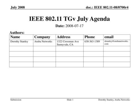IEEE TGv July Agenda Date: Authors: July 2008