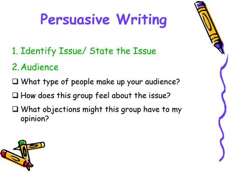 Persuasive Writing Identify Issue/ State the Issue Audience