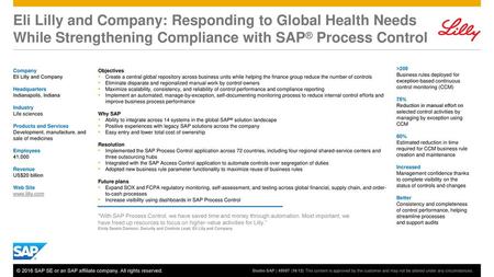 Eli Lilly and Company: Responding to Global Health Needs While Strengthening Compliance with SAP® Process Control Company ​Eli Lilly and Company Headquarters.