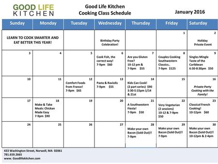 Good Life Kitchen Cooking Class Schedule